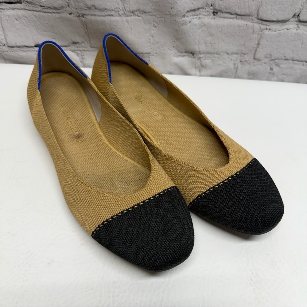 Rothy's Tan and Black Flats with Blue Trim size 10